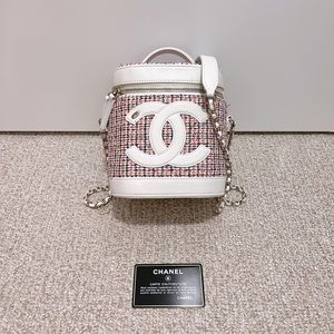 Chanel GHW CC Mania Tweed Vanity Case Top Handle Crossbody Lambskin Leather Bag
